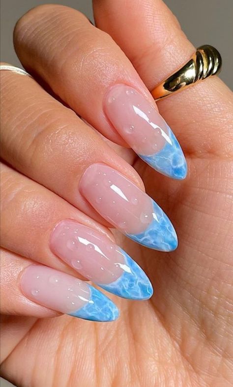 Water French Tip Nails, Ocean French Tip Nails, Pool Nails, Water Nails, Summery Nails, Gel Nail Design, Birthday Nails, French Tip Nails, Nail Games