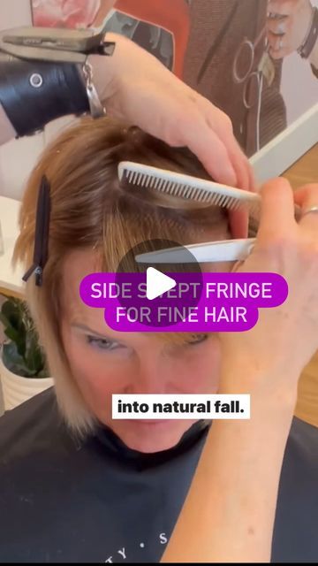 Sonna Jean Brado on Instagram: "What do you do if your client has fine hair, and a lot of it..and wants a full fringe? PIVOT!😂👍(I couldn’t resist)

But seriously, pivoting your sections helps develop weight because it moves the distribution of the hair from overdirected into natural fall.. all you have to do is allow the partings to dictate the movement and you will end up with a beautiful, full fringe🥰
@angelbladescissors 
.
.
.
#finehair #sidesweptbangs #sidesweptfringe #layeredbob #hairofinstagram #hairbrained_official" Fine Hair Fringe Bob, Fine Hair Haircuts With Bangs, Fringe For Fine Hair, Fringe For Round Face, Fine Hair Fringe, Bob With Fringe Fine Hair, Round Face Fringe, How To Cut Fringe, Bob With Side Fringe