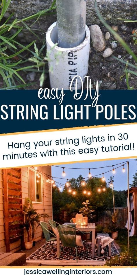 Easy DIY String Light Poles: hang your string lights in 30 minutes with this easy tutorial! PVC string light poles Diy String Light Poles, Outdoor String Light Poles, String Light Poles, Diy String Lights, Deck Decorating Ideas, Diy Outdoor Decor, Light Pole, Outdoor Diy Projects, Backyard Diy Projects