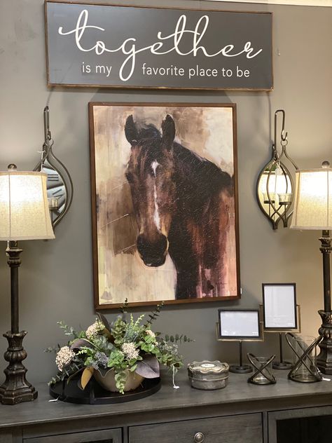 Farmhouse Wall Decor Living Room Artwork, Living Room With Horse Picture, Horse Wall Decor Living Room, Decorating With Horse Pictures, Horse Themed Living Room, Horse Theme Living Room Ideas, Horse Wall Art Living Rooms, Western Rustic Home Decor Living Room, Western Wall Decor Living Room