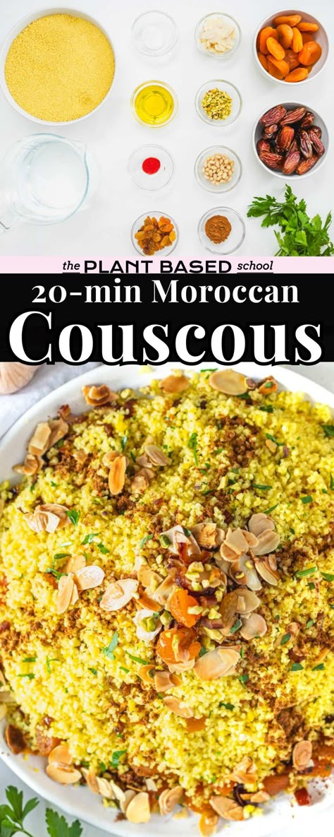 Moroccan couscous is a flavor-packed centerpiece that combines delicious sweet and savory flavors embedded in Moroccan traditions.With a single bite, you’ll taste the essence of North African cuisine: aromatic spices, crunchy nuts, and sweet dried fruits softened by fluffy couscous grains. Couscous Healthy, Moroccan Couscous, Mediterranean Diet Recipes Dinners, Plant Based School, Moroccan Cooking, Moroccan Dishes, School Recipes, Couscous Recipes, Eastern Cuisine