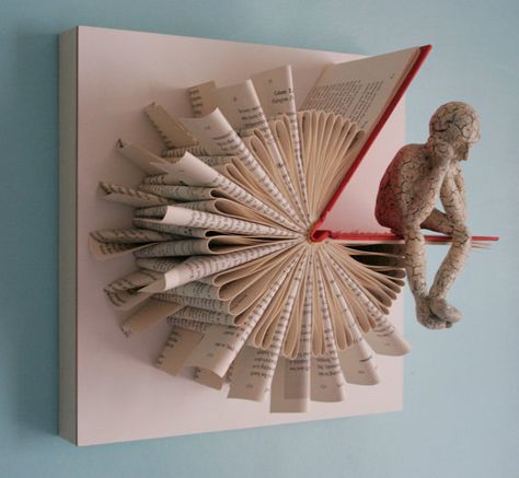 folded book with tiny figure - even though I don't like the idea of ruining a book. this is adorable! Art Altéré, Kraf Kertas, Folded Book Art, Book Sculpture, Book Folding, Cool Ideas, Book Projects, Paper Sculpture, Altered Books