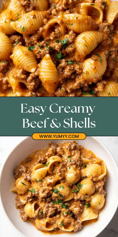 This easy creamy beef and shells is a quick and delicious weeknight meal!  Ground beef, pasta shells, and a creamy tomato sauce come together in just 30 minutes. A perfect family-friendly dish that's ready in a flash. #creamybeefandshells #beefandshells #pasta #easyrecipe #weeknightdinner #comfortfood #quickandsimple #familydinner #kidfriendly #homemade