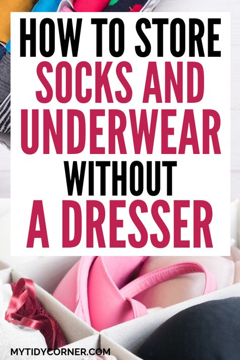 If you are looking for tips on how to organize socks and underwear without a dresser, then you find these creative storage ideas helpful. Clothes Pin Storage Ideas, Sock Storage In Closet, Sock And Underware Storage Ideas Bedroom, Storing Socks Ideas, Sock Bin Ideas, Undergarment Storage Ideas, Sock Storage Ideas Organizing, Sock Organization Ideas Diy, Bedroom Without Dresser Ideas