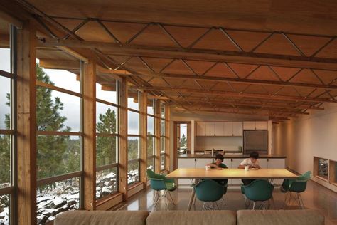 Love the exposed web trusses, the use of common building materials, the shed roof with the plywood ceiling, and polished concrete floors. Bohlin Cywinski Jackson, Exposed Trusses, 3d Printed House, Rural Studio, Wood Truss, Cement Panels, Exposed Ceilings, Modern Courtyard, Exposed Rafters