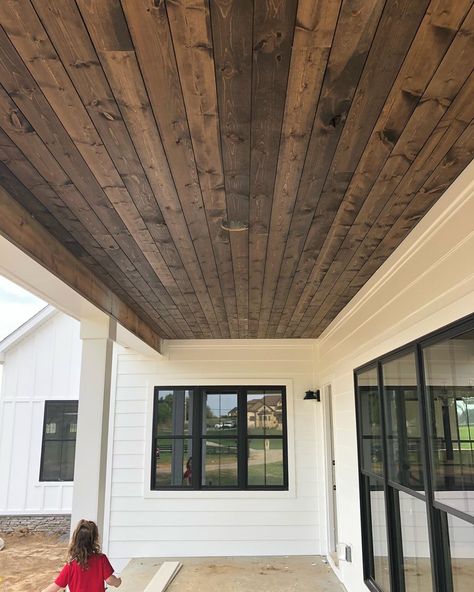 Cedar Columns Front Porch, Soffit Ideas, Patio Ceiling Ideas, Stained Wood Beams, Stained Shiplap, Ceiling Remodel, Barn House Interior, Porch Light Fixtures, Shiplap Ceiling