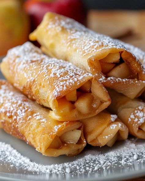 Fried Apple Pie Rolls, Deep Fried Apple Pie, Apple Pie Spring Rolls, Deep Fried Puff Pastry, Apple Pie Rangoons, Apple Recipes With Puff Pastry, Cherry Hand Pies Recipes, Fried Apple Pie, Apple Pie Egg Rolls