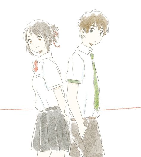 Mitsuha And Taki, The Garden Of Words, 심플한 그림, Your Name Anime, Art Simple, Anime Drawings Tutorials, الرسومات اللطيفة, Cute Anime Couples, Anime Movies