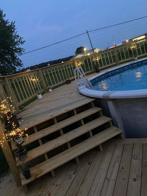 Pool Deck Off House, Deck All The Way Around Above Ground Pool, Pool Deck Decorating Ideas, Back Yard Above Ground Pool Landscape, Wood Deck Around Above Ground Pool, 18ft Above Ground Pool Deck, Above Ground Pool In The Country, Pool Design Plans, Pool Deck Decorations