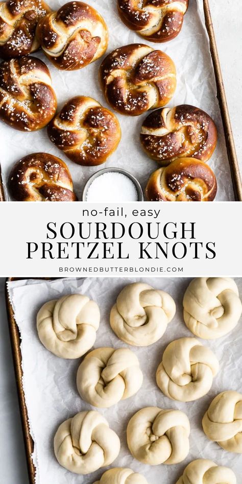 Sourdough pretzel knots bake up golden brown with a soft, fluffy center and that signature chewy outer crust that we all know and love. A fan favorite recipe warm from the oven. Don’t forget the mustard! | Browned Butter Blondie Pretzel Knots Recipe, Sourdough Pretzel Bread, Sourdough Soft Pretzels, Sourdough Knots, Fancy Bread Recipes, Sourdough Blondies, Sourdough Recipes Easy, Sourdough Recipes Bread, Sourdough Discard Pretzels