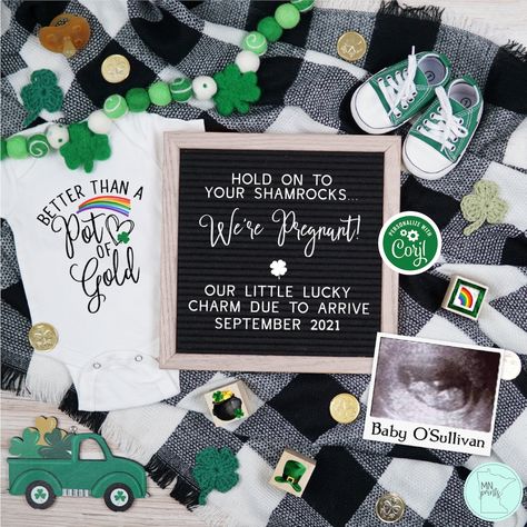 17 St Patricks Day Pregnancy Announcement Ideas You'll Want to Steal - Messy Bun Motherhood Letter Board Baby Announcement, Letter Board Baby, Second Baby Announcements, Sonogram Pictures, Pregnancy Announcement Template, St. Patrick’s Day, Ultrasound Pictures, Saint Patties, Pregnancy Announcements