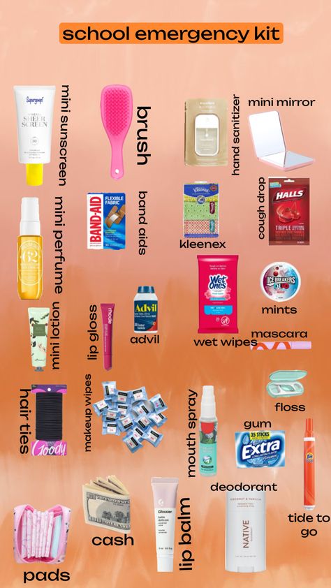 Things To Put In Your Emergency Bag, What To Keep In Your Emergency Kits, What To Pack In Emergency Kit For School, Middle School Emergency Kit, Teen Emergency Kit For School, What To Put In Your Emergency Kit, Small Emergency Kit, School Road Trip, Back To School Survival Kit