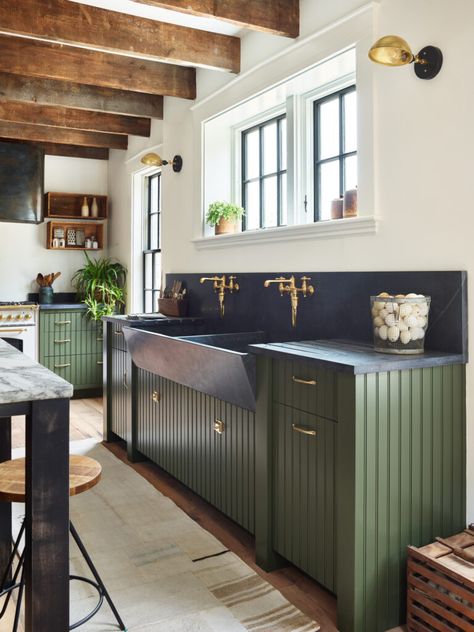 Paneled Kitchen, Kristina Crestin, Casa Casuarina, Brass Faucets, Farmhouse Fixer, Apron Sink, Wooden Ceiling, Casa Container, Green Cabinets