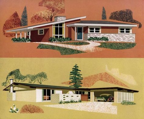 50s House Exterior, Mcm Prints, Decade Aesthetic, 1950 America, Mcm Ranch, Mid Century Modern House Exterior, Oasis Springs, Mid Century Modern House Plans, Mid Century Exterior