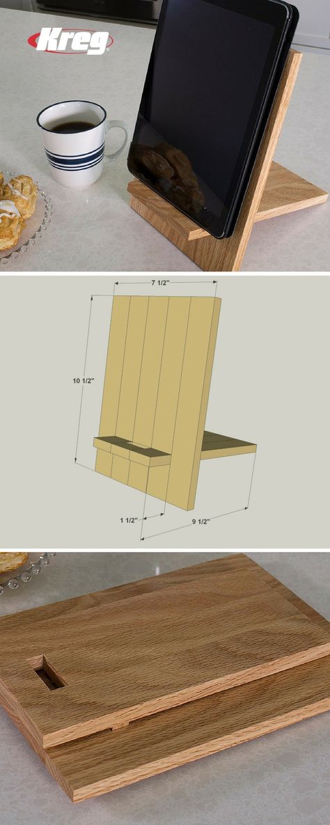 This handy stand holds your tablet so you don’t have to, and puts it at a perfect angle for use. You can even store the stand flat by removing the leg and locking it into the face. Free printable plan with how-to steps, tools & materials list, cut list & diagram.  Save Now - Build Later! Discover hundreds more DIY ideas + how-to videos at buildsomething.com! #tablet #ipad #diyproject #woodworking #kitchen #giftidea #diygift Ipad Holder Diy, Diy Tablet Stand, Diy Ipad Stand, Wood Iphone Stand, Wooden Ipad Stand, Diy Phone Stand, Wood Phone Stand, Support Ipad, Ipad Holder