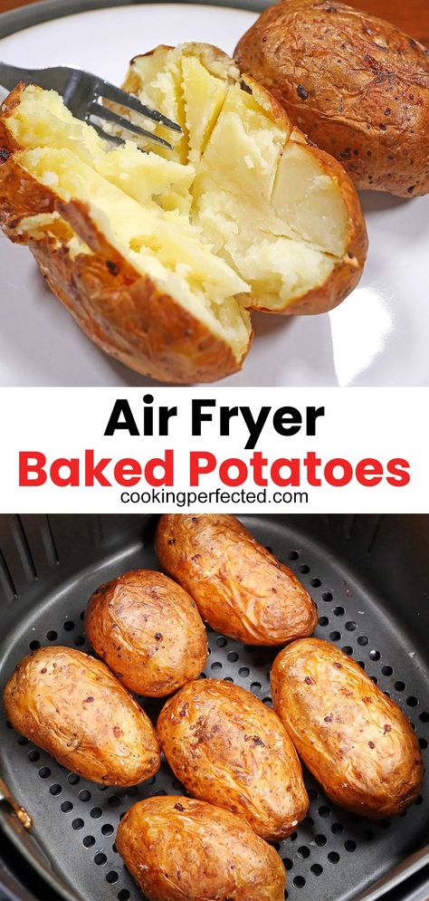 The air fryer works perfectly for cooking some delicious baked potatoes. They are super easy to get perfect. Air Fryer Jacket Potatoes, Jacket Potato Recipes, Jacket Potato Recipe, Jacket Potatoes, New Air Fryer Recipes, Air Fryer Recipes Snacks, Air Fryer Baked Potato, Air Fryer Cooking Times, Starter Recipes