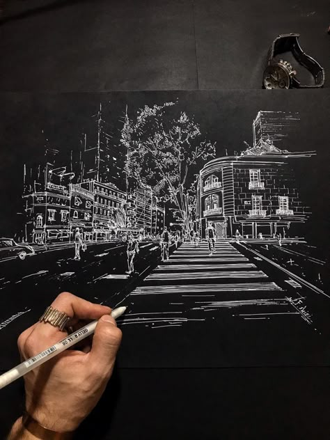 Black Paper, White Ink, Cityscape, Pencil, Black And White, Architecture, White, Black