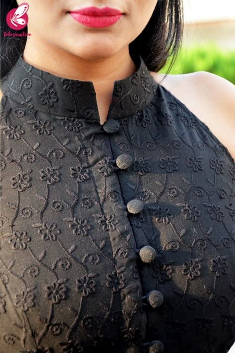 Buy Black Cotton Chikankari Sleeveless Dress Online in India | Colorauction Suit Neck Design, Collar Kurti Design, Punjabi Suit Neck Designs, Chudi Neck Designs, Chudidhar Neck Designs, Suit Neck Designs, Suit Neck, Salwar Neck Designs, Simple Kurti