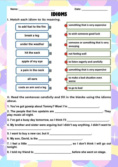 #idioms #worksheet #englishworksheet Idioms Worksheet, Idioms Activities, Word Puzzles For Kids, Speaking Activities English, English Literature Notes, Punctuation Worksheets, Esl Games, Idioms And Phrases, Speaking Activities