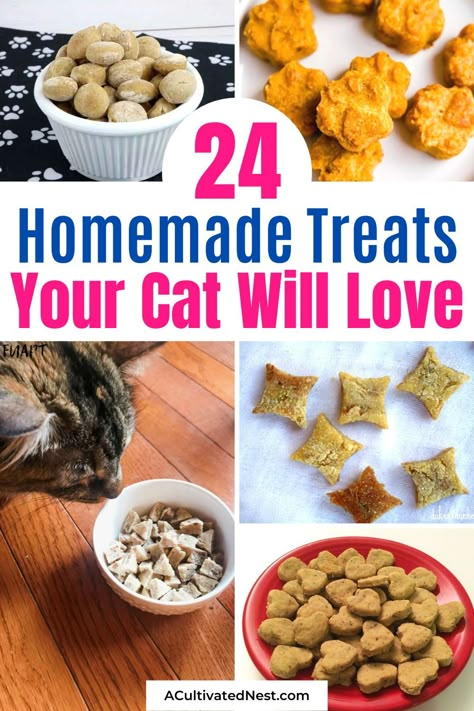 24 Homemade Cat Treats Your Cat Will Love- If you want to give your cat a delicious and healthy treat on a budget, you need to make some of these tasty homemade cat treats! | #homemadeCatTreats #catRecipes #homemadePetTreats #petRecipes #ACultivatedNest Soft Cat Treats Homemade, Diy Cat Treats Recipes, Organic Cat Treats, Homemade Cat Treats, Homemade Cat Treats Recipes, Diy Cat Treats, Tuna Cat Treats, Kitty Treats, Kitty Care