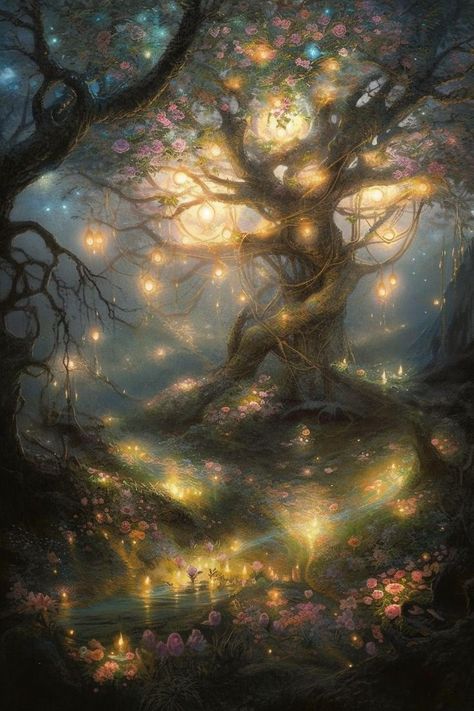 Magic Tree Fantasy Art, Magical Nature Aesthetic, Fairy Kingdom Aesthetic, Whimsical Fantasy Aesthetic, Magical Places Fantasy Fairyland, Forest Fairy Aesthetic, Fairy Kingdom, Wallpaper Fantasy, Magical Nature