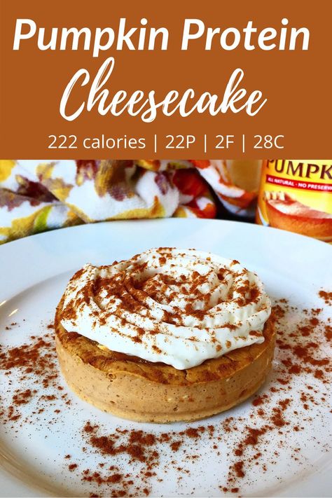 This single serving pumpkin cheesecake is low fat & easy to make. It has over 20 grams of protein & is macro friendly. Low Calorie Pumpkin Cheesecake, Low Calorie Pumpkin, Protein Dessert Recipes, High Protein Cheesecake, 20 Grams Of Protein, Protein Dessert, Protein Cheesecake, Pumpkin Protein, Protein Baking