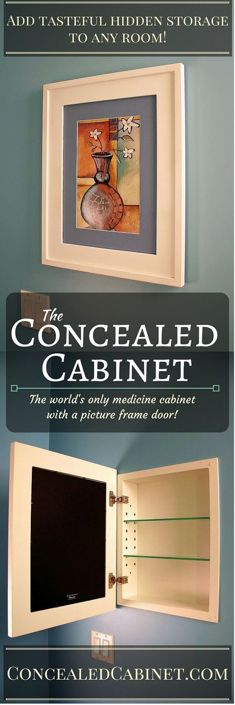 Once installed, our mirrorless medicine cabinets look & operate just like a picture frame hanging on your wall. Insert your own photographs or prints, & change them as often as you like. Want a pedestal sink in your bathroom remodel, but you're afraid to give up storage space? Put two or more picture frame medicine cabinets in your design without creating a house of mirrors! Available in 13 colors, 3 sizes, & 2 interior finishes. Also available in a wall-mount version & with optional mirror. Ideas De Closets, Concealed Cabinet, Wall Insert, Recessed Medicine Cabinet, Interior Finishes, Secret Storage, Medicine Cabinets, Bathroom Redo, Bath Room