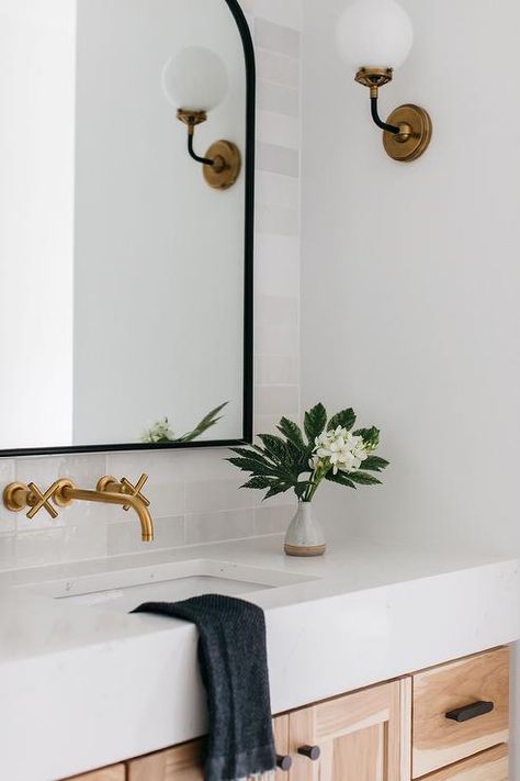 Black Mirror Gold Faucet, Gold Faucet Bathroom, Arch Mirror Bathroom, Chic Powder Room, White Foyer, Black Arch Mirror, Bathroom Faucets Black, Gold Bathroom Faucet, Polished Nickel Faucet