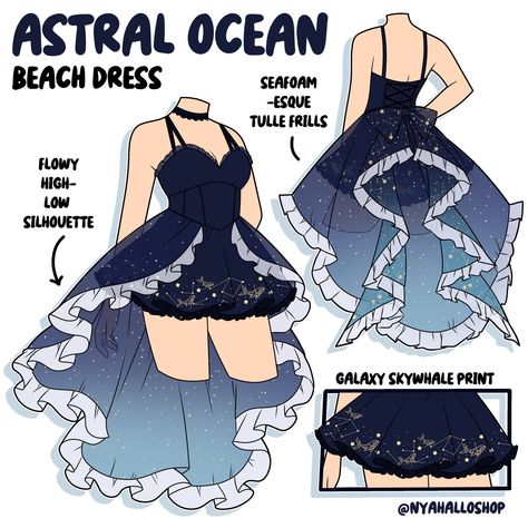 Art Outfit Ideas Drawing, Cute Outfits Anime, Ocean Dress, Whimsical Goth, Animated Clothes, Goth Kawaii, Beautiful Ball, Clothing Sketches, Dress Design Drawing