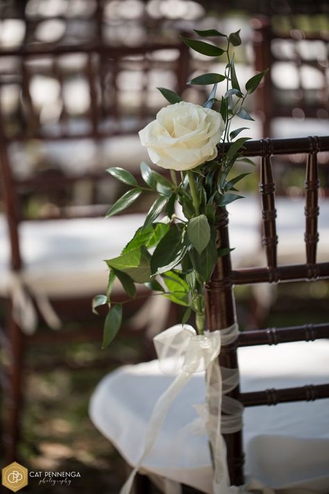 Diy Chair Flowers Wedding, Diy Floral Chair Decor, Wedding Chair Flower Decor, Ceremony Chair Flowers, Aisle Chair Decorations Wedding, Single Rose Centerpiece, Chair Flowers Wedding, Aisle Chair Flowers, Ceremony Chair Decor