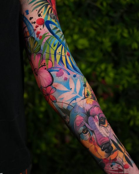 It’s a tattoo sleeve I did in watercolor style for my customer Eric in Toronto. I love this, the most colorful project I ever did. We started with a wolf on the forearm and in a few months, it turned out to be a full sleeve with a lot of flowers, brush strokes, and color splashes. 🌺🌺🌺 It’s not enough to post only one photo of it. So, keep in touch, I’ll post all sides of this amazing tattoo🥰 Watercolor Tattoo Sleeve, Colorful Sleeve Tattoos, Cover Up Tattoo Ideas, Korea Tattoo, Up Tattoo Ideas, Color Tattoo Ideas, A Lot Of Flowers, Tiny Tats, Forearm Tattoo Design