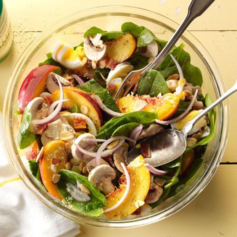 Spinach Spinach Bacon Salad, Peel Peaches, Easy Spinach Recipes, Salad With Peaches, Leftover Hard Boiled Eggs, Spinach And Bacon, Garden 2023, Side Salad Recipes, Peach Recipes