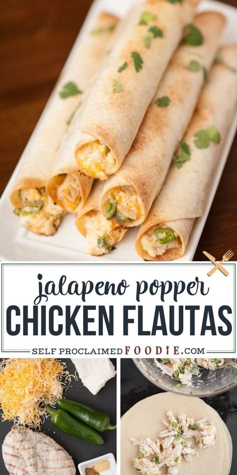 Jalapeno Popper Chicken Taquitos, Chicken Finger Food Ideas, Chicken Flauta, Finger Foods Chicken, Chicken Finger Foods, Appetizers For Party Easy Finger Foods, Jalapeno Popper Taquitos, Flautas Recipe, Chicken Flautas