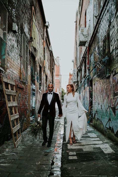 Real Wedding - Kate & Brad, Fitzroy VIC - Ivory Tribe Alley Wedding Photos, Graffiti Wedding Photos, Industrial Wedding Photoshoot, Street Photography Wedding, Wedding Street Photography, Edgy Portraits, Street Wedding Photography, Graffiti Wedding, Grunge Wedding