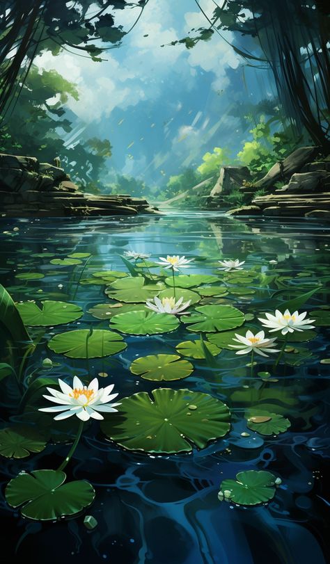 Spring day, raindrops falling on the water surface of an ink pond surrounded by green leaves and lotus flowers, Pond Background Art, Magical Pond Illustration, Lake With Lily Pads Painting, Lotus Pond Illustration, Pond With Lily Pads Painting, Color Theory Art, Water Lily Pond, Waterfall Art, Water Background