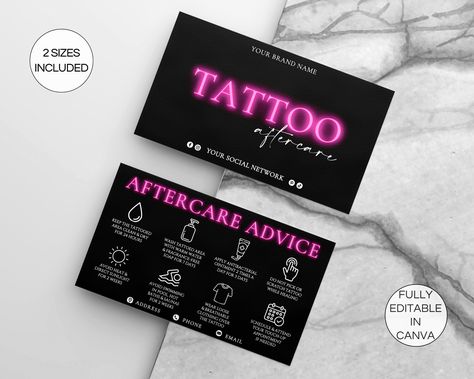 Tattoo Aftercare Card Template, Editable Tattoo Care Card, Printable Tattoo Artist Cards, Tattoo Care Instructions Canva Template. TDS-05 Tattoo Aftercare Instructions Card, Tattoo Business Ideas, Tattoo Aftercare Card, Tattoo After Care Instructions, Black Tattoo Studio, Tattoo Shop Business Cards, Tattoo Aftercare Kit, Tattoo Setup Station, Tattoo Business Cards Ideas