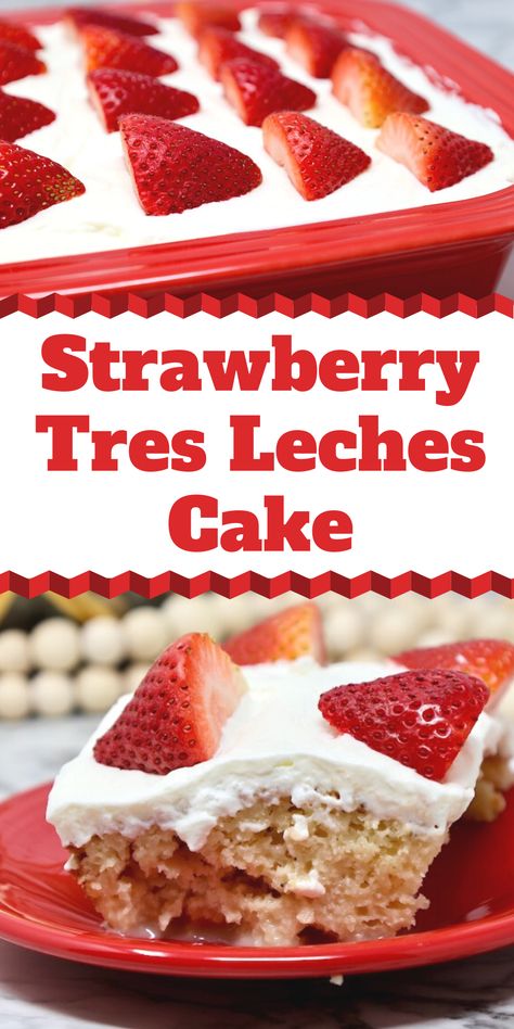 Strawberry Tres Leches Cake is an easy version of a tres leches cake. This simple recipe uses a cake mix as a shortcut but we're making homemade strawberry-flavored milk for maximum strawberry flavor. You are going to love this moist and flavorful three milk cake. Strawberry And Cream Tres Leches Cake, Strawberries And Cream Tres Leches Cake, Box Tres Leches Cake, Strawberry Tres Leches Cake Recipe Easy, Tres Leches Cake Recipe With Box Cake Strawberry, Tres Leches Cake With Strawberries, Strawberry Tres Leches Cake Easy, Strawberry Tree Leches Cake, Salted Caramel Tres Leches Cake