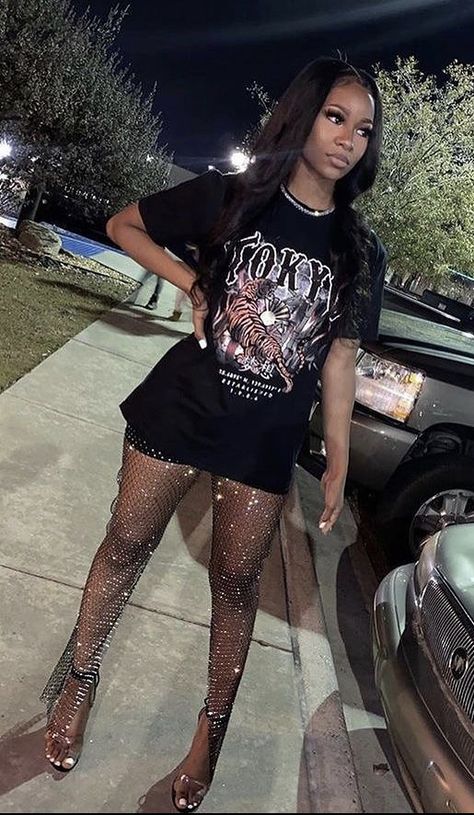 #baddieoutfit #baddiestyle #swag #girlsfashion #womenstshirts Rhinestone Fishnet Pants Outfit, Winter Vegas Dress, Sequin T Shirt Outfit, All Black Outfit For Concert, After Party Outfit Night, Comfortable Concert Outfit Ideas, Edgy Nye Outfit, Black And Bling Party Outfits, Club Baddie Outfits