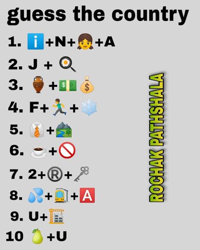 whatsapp emoticons puzzle guess the country names | country puzzle | Guess The Country By Emoji, Guess The Emoji Answers, Emoji Answers, Math Riddles With Answers, Iq Level, Guess The Emoji, Emoji Puzzle, World Quiz, Map Quiz