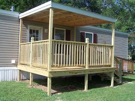 Jack Winkel Construction Blog: Small Covered Deck Jack Winkel Construction Mobile Home Porches, Mobile Home Deck, Manufactured Home Porch, Mobile Home Renovations, Screened Porch Designs, Small Yard Landscaping, Building A Porch, Patio Deck Designs, Porch Roof