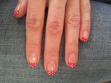 Polka Dot Nail Tips, Polka Dot Tip Nails, Pokadot Nails French Tip, Pika Dot Nails, Polka Dot And Stripe Nails, Polka Dot Gel Nails, Polka Dot French Nails, French Tip Polka Dot Nails, Red And White Polka Dot Nails