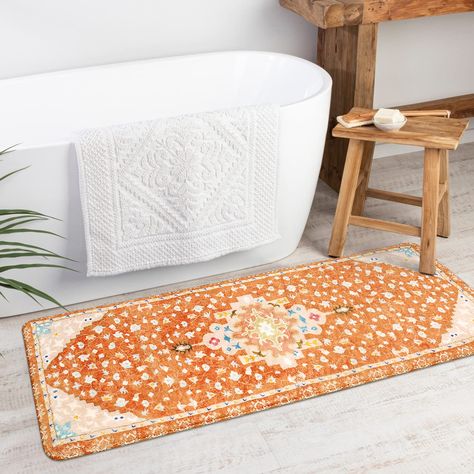 PRICES MAY VARY. [Bohemia Design] A stylish combination of modern and traditional design elements, this bath rugs features floral edges with oriental overtones in a bohemian base, making your home an elegant and stylish addition to an exotic look. [Non-Slip Backing] Non-slip bathroom mat is a critical part of building the most comfortable and safety space. This bathroom rug is made of rubber material which can firmly anchored in place without damaging the floor, especially in heavy traffic areas Farmhouse Bath Rugs, Colorful Bath Mat, Long Bathroom Rugs, Boho Bathroom Rug, Long Bath Mat, Long Bathroom, Bathroom Runner, Bathroom Runner Rug, Floral Bath