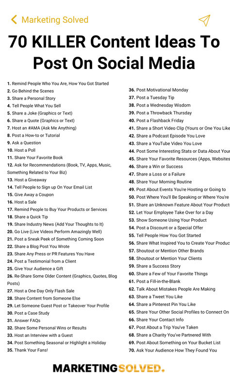 If you're looking for social media post ideas, you're in luck! Here are 70 killer content ideas to post on social media that will boost your engagement, grow your following, and drive sales.   Perfect for entrepreneurs, small business owners, and marketers searching for content ideas, social media inspiration, social media post ideas, caption ideas, and social media marketing tips. 🚀  #socialmedia #contentideas #socialmediaposts #postideas #socialmediamarketing #marketingsolved Social Media Ideas For Small Business, Comment Below Posts, Content Ideas For Entrepreneurs, Marketing Ideas For Social Media, Marketing Ideas For Instagram, Content Ideas For Social Media Managers, Social Media Marketing Captions, Social Media Content For Small Business, Small Business Social Media Marketing