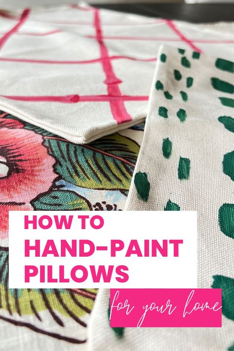 These DIY throw pillow covers are the perfect addition to your home decor! Compliment your room's color scheme and create a designer look with this budget friendly painted pillow DIY. The pink bamboo pillow and green spotted pillow covers add pretty design details to your room decor. Create a pretty pillowscape for your sofa. Watercolor Pillowcase Diy, Painted Throw Pillows Diy, Decorative Pillow Cases Diy, Diy Outdoor Pillow Covers, Pillow Painting Ideas, Diy Pillow Case Design, Diy Sofa Throw Cover, Diy Painted Pillow Covers, Hand Painted Pillows Ideas