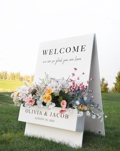 Flower Box Welcome Sign - Wedding Welcome Sign Wedding Flower Box Sign, Flower Signs Wooden, Welcome Flower Box Sign, Welcome Sign Wedding Flowers, Wildflower Ceremony, Fitzsimmons Wedding, Wooden Welcome Sign Wedding, Flower Box Sign, Welcome Sign With Flowers