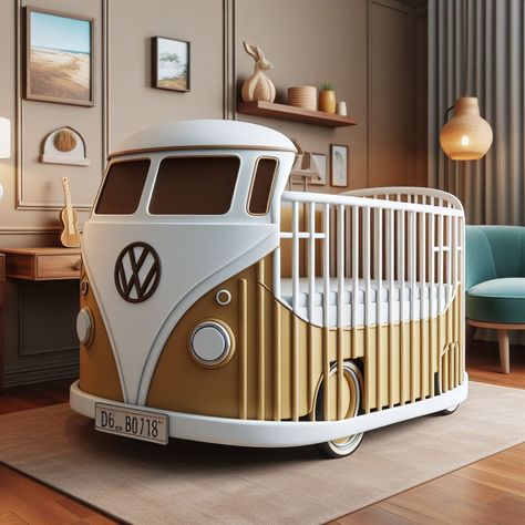 Volkswagen Bus Inspired Baby Crib Baby Toy Box, Baby Crib Designs, Wooden Baby Crib, Vintage Volkswagen Bus, Crib Design, Dreamy Nursery, Nostalgic Vibes, Classic Volkswagen, Vintage Volkswagen