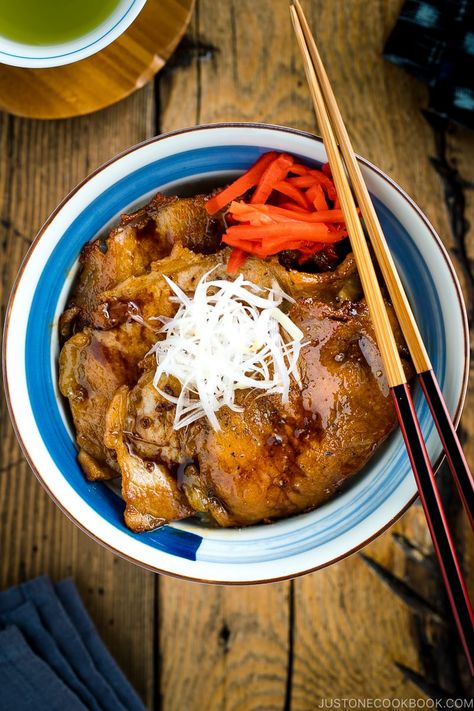 Originated in Tokachi, Hokkaido, Japan, Butadon is a pork rice bowl dish topped with thinly sliced meat that's grilled and glazed by the caramelized soy sauce. This sweet and savory dish is incredibly delicious and SUPER easy to make at home under 15 minutes! #butadon #ricebowl #donburi | Easy Japanese Recipes at JustOneCookbook.com Asian Noodle Dishes, Asian Side Dishes, Just One Cookbook, Japanese Food Traditional, Recipe Pork, Food Japanese, Easy Japanese Recipes, Japanese Recipe, Hokkaido Japan