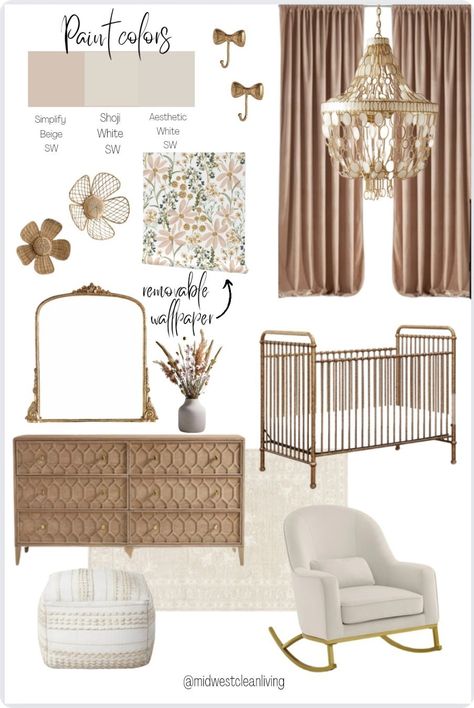 beautiful vintage-inspired nursery for baby girl! baby girl nursery, baby girl room, baby room nursery decor, nursery inspiration, rattan chair, floral rug, pink nursery, blush nursery, brass nursery, brass crib, vintage crib, nursery light, nursery curtain, little girl room, cottage nursery, elegant nursery, capiz decor Follow me in the @LTK shopping app to shop this post and get my exclusive app-only-content! #liketkit #LTKhome #LTKbaby #LTKbump @shop.ltk https://liketk.it/4vzy5 Blush And Olive Nursery, Nursery With Brass Crib, Neutral Nursery Pink Accents, Antique Gold Crib Nursery, Beige And Gold Nursery, Nursery Brass Crib, Gold Accent Nursery, Vintage Rug Nursery, Vintage Floral Nursery Ideas