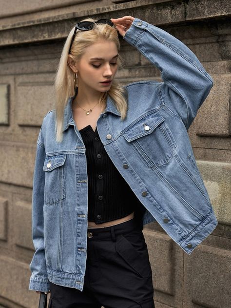 SHEIN Flap Pocket Button Front Denim Jacket | SHEIN USA Jeans Coat Outfit Jackets, Coated Jeans Outfit, Denim Jacket Outfit Women, Oversized Denim Jacket Outfit, Jacket Outfit Women, Denim Jacket Outfit, Oversized Denim Jacket, Oversized Jacket, Coat Outfits