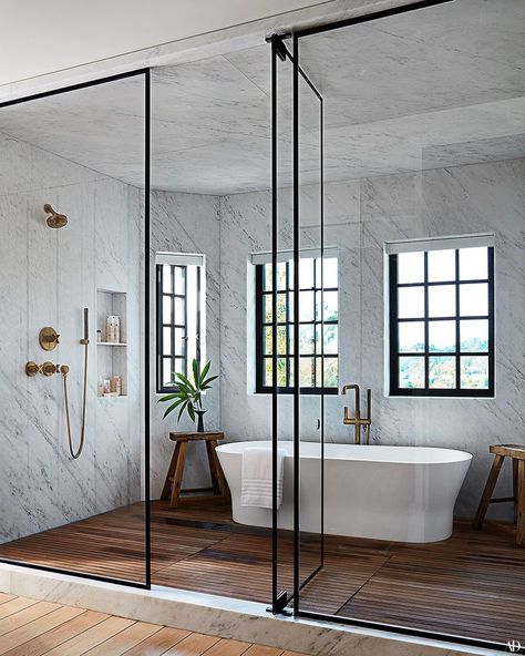 This incredible walk-in shower and tub situation is so spa-like I'd never want to leave!  Step Inside Jessica Alba's Haven in Los Angeles | Architectural Digest  #masterbath #marblewalls #interiordesign Clements Design, Decor Ikea, Bad Inspiration, Glass Walls, घर की सजावट, Dream Bathrooms, Dream Bathroom, Bathroom Remodel Master, California Homes